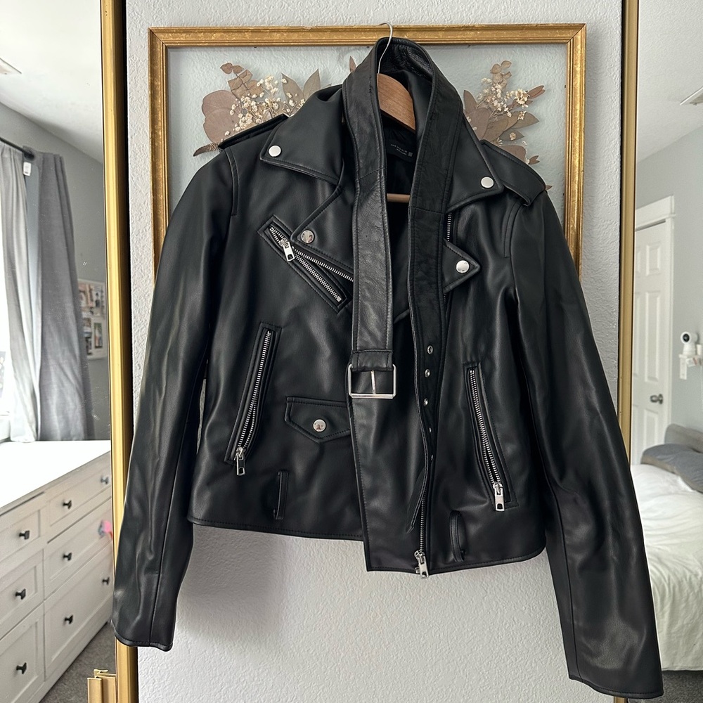 Zara Black Leather Moto Jacket with Asymmetrical Zipper